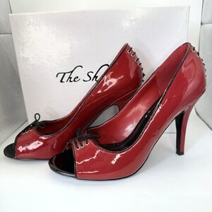 Y2K The Shoe Guy Red Patent Corset Peep Toe Stiletto Heels Size 10 Lace Up Pinup
